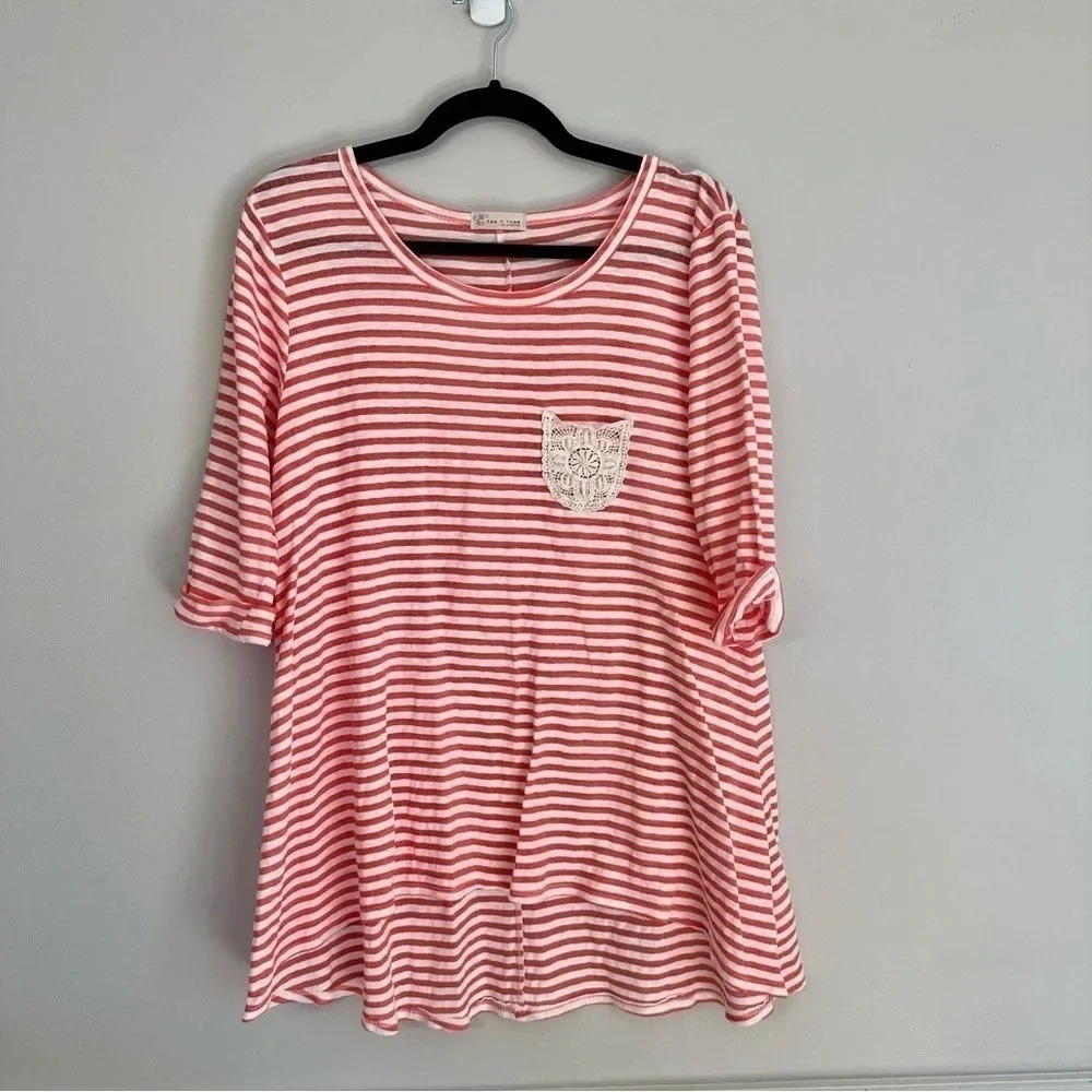 Tea N Rose Boutique Women's 3/4 Sleeve White & Salmon Striped Top Sz S GUC - Picture 2 of 8